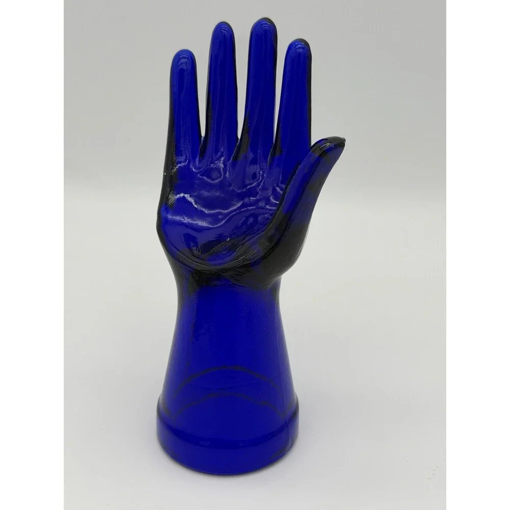 Cobalt Blue Art Glass Ring Holder Jewelry Display Hand 7.5”vintage MCM